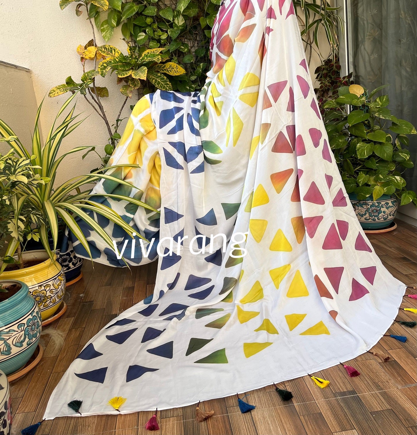 Clamp dyed shibori modal silk saree rainbow saree white saree