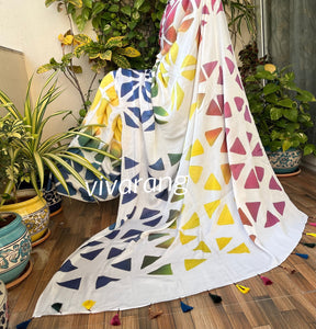 Clamp dyed shibori modal silk saree rainbow saree white saree