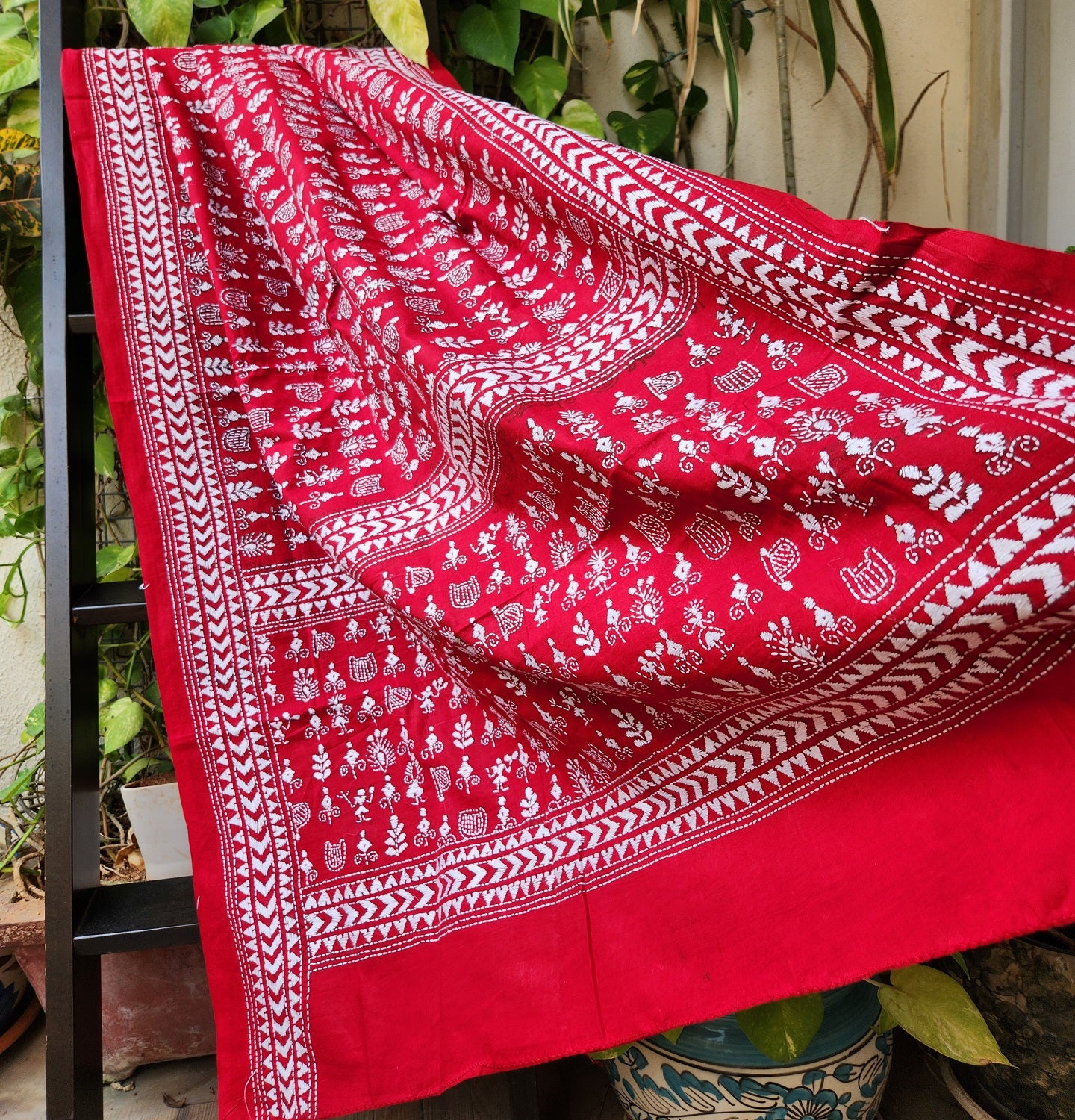 kantha cotton red warli dupatta Indian gifts